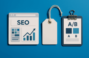 Elementos de SEO e teste A/B sobre um fundo azul
