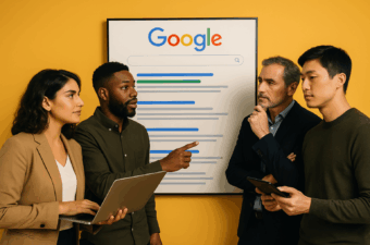 Quatro pessoas discutindo sobre SERP do Google em um escritório moderno.