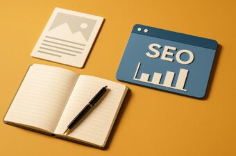 Cenário de trabalho com anotações e elementos de SEO.
