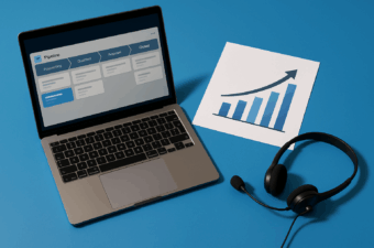 Laptop e headset ao lado de gráfico em papel