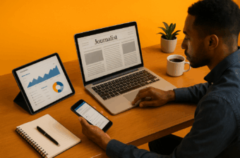 Homem analisando dados e texto jornalístico em dispositivos eletrônicos.