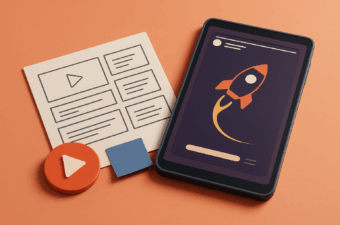 tablet com interface de aplicativo e ícones de play