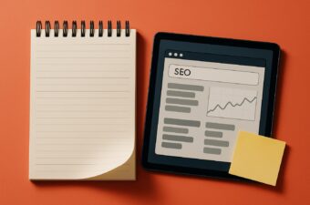 bloquinho ao lado de um tablet com página sobre SEO