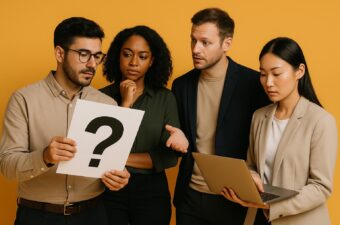 Quatro pessoas discutindo uma questão com expressão intrigada.
