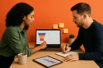 Duas pessoas em um escritório moderno, fundo laranja plano, analisando um funil de leads em um notebook enquanto um tablet mostra gráficos; mesa com caneca, caderno, caneta e pequena planta, iluminação suave e sombras realistas.
