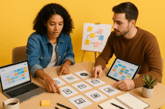Dois profissionais organizam cartões com ícones de sete tipos de conteúdo sobre mesa de madeira. Notebook e tablet exibem calendários de conteúdo, mini cavalete ao fundo com fluxo de etapas em post-its, caderno aberto, caneta, caneca e pequena planta.