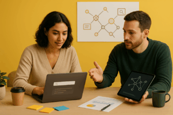 Duas pessoas em estúdio com fundo amarelo. O notebook está orientado para a mulher à esquerda, mostrando um bloco de resposta; o homem à direita segura um tablet. Ao fundo, quadro com diagrama de entidades. Sobre a mesa, post-its, relatório impresso, canecas e plantas.