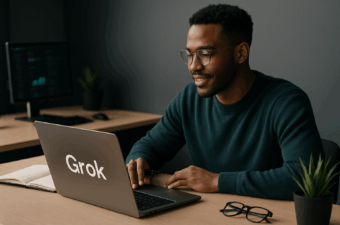 Um jovem profissional analisa dados e diagramas exibidos em monitores modernos em um ambiente de escritório tecnológico, simbolizando a aplicação prática de Grok em pequenas e médias empresas.