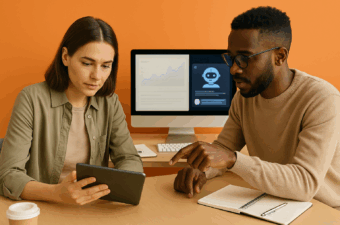 Dois profissionais de marketing analisam um tablet em um escritório moderno com fundo laranja; ao fundo, um monitor exibe gráficos e a interface de um chatbot de IA, representando o uso de inteligência artificial do planejamento à automação.