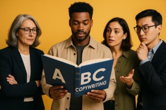 Grupo de pessoas lendo livro sobre copywriting.