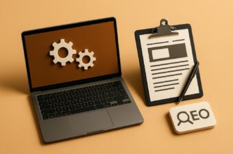 Laptop com engrenagens e caderno sobre mesa.