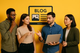 Grupo discutindo sobre criação de blog com laptop.