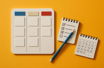 materiais de organização sobre fundo amarelo