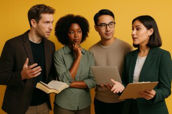 Grupo de pessoas discutindo ideias com materiais de apoio.