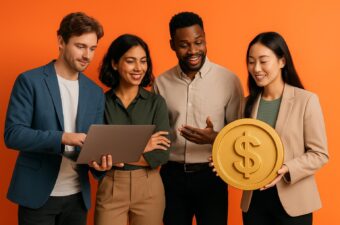 Grupo de pessoas felizes com um laptop e um símbolo de dólar.