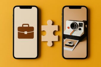 dois smartphones com ícones diferentes e um quebra-cabeça entre eles