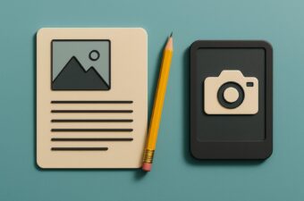materiais de escritório com ícones de imagem e câmera