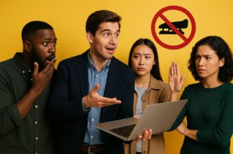 quatro pessoas com expressões de surpresa e descontentamento em fundo amarelo