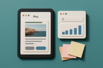 ilustração de interface de blog com gráficos e post-its