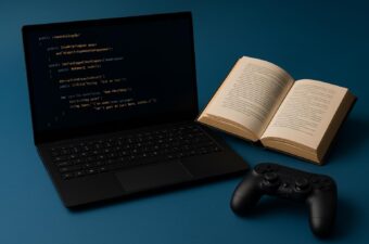 Computador com código e livro aberto ao lado de controle de videogame.