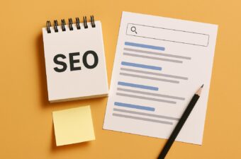 Caderno com a palavra SEO e papel em fundo amarelo