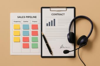 Materiais de vendas e contrato em uma mesa.