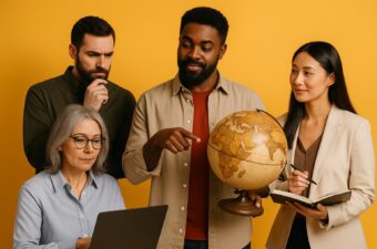 Grupo de pessoas discutindo com um globo terrestre