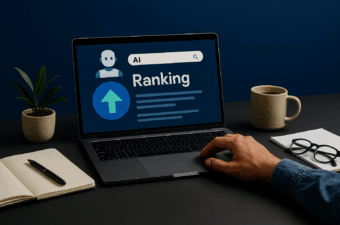 Pessoa usando laptop com tela exibindo painel “AI Ranking” e ícone de seta para cima, em ambiente de trabalho moderno.