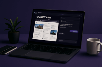 Notebook aberto exibe o navegador ChatGPT Atlas em modo escuro, com interface de pesquisa por IA em destaque sobre mesa com planta, caneta e café.