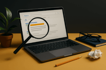 Laptop exibe página de busca destacando um resultado com lupa, simbolizando o algoritmo Goldmine que redefine títulos da SERP com IA.