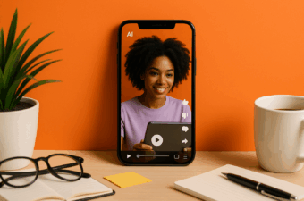 Smartphone exibe vídeo de mulher sorridente com fundo laranja e ícones de interação, sobre mesa com xícara, óculos, caderno e planta, representando consumo de conteúdo por IA.