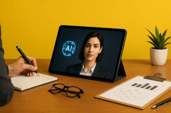 Tablet exibindo a imagem realista de uma ministra virtual de IA em terno executivo, com o ícone “AI” brilhando ao lado do rosto. A cena inclui uma mão escrevendo em um caderno, um óculos sobre a mesa, um relatório de gráficos e um pequeno vaso de planta sobre uma mesa com fundo amarelo, representando o uso de inteligência artificial em cargos governamentais.