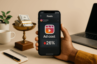 Mão segura smartphone com tela mostrando aumento de 26% no custo de anúncios do Instagram Reels.