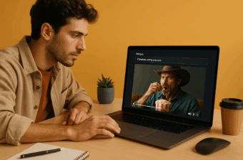 Jovem sentado em frente a um laptop observa um vídeo hiper-realista gerado por IA mostrando um cowboy comendo pipoca.