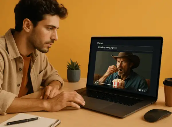 Jovem sentado em frente a um laptop observa um vídeo hiper-realista gerado por IA mostrando um cowboy comendo pipoca.