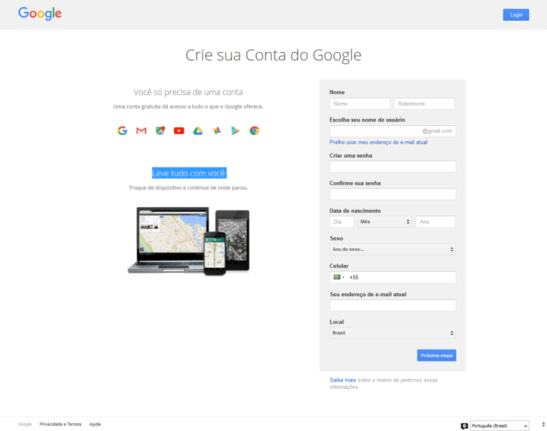 Crie sua conta no Google