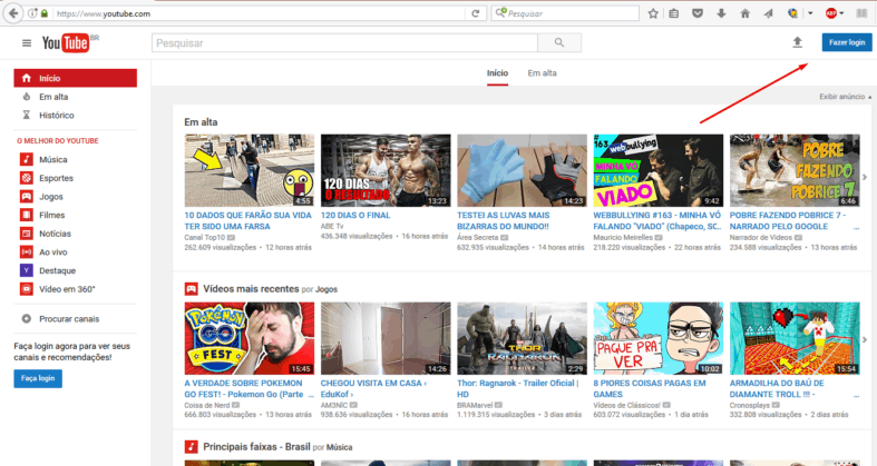 Login no Youtube