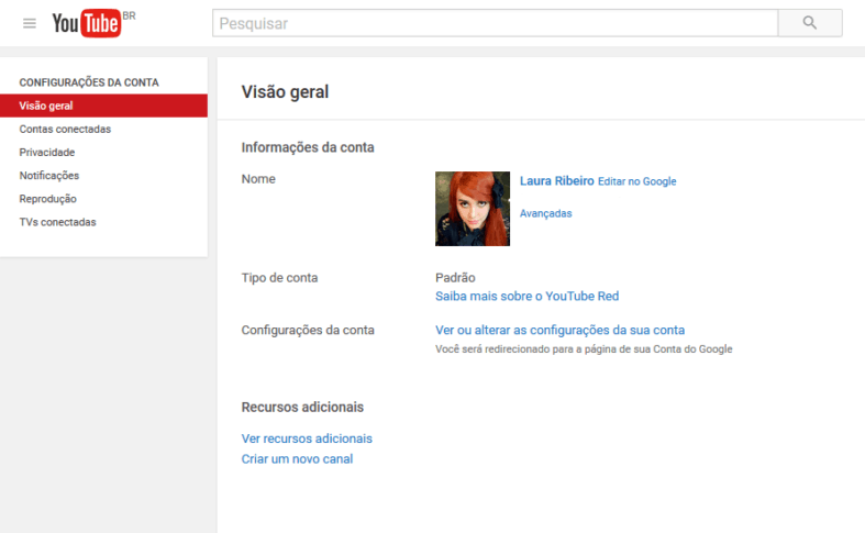Visão geral da conta no Youtube