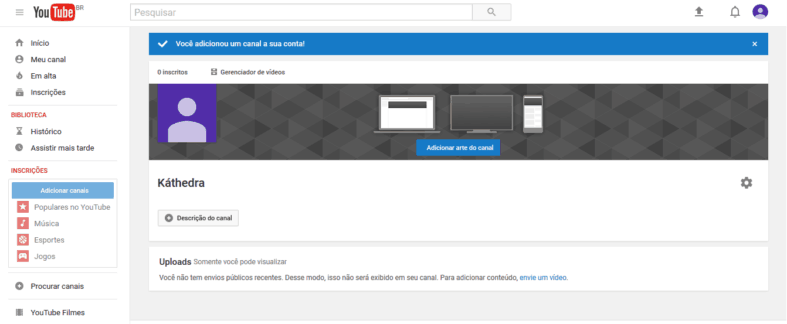 Página de conta no Youtube