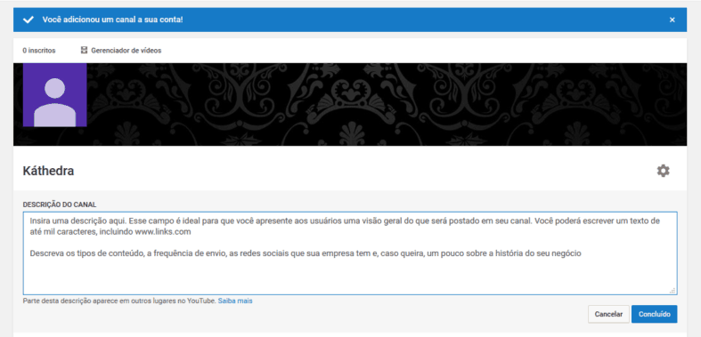 Descrição do canal no Youtube