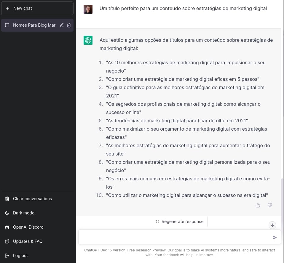 ideias de títulos para um conteúdo ou para fazer testes de CRO dentro do ChatGPT