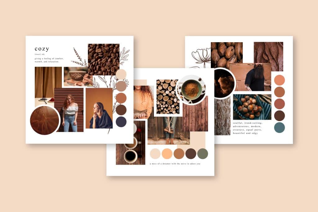 Moodboard com fundo rosa claro, imagens de quadros com cores de paleta marrom ao bege e azul