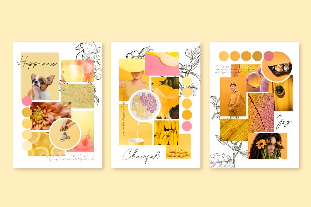 Template de moodboard para se inspirar com cores entre amarelo claro à rosa, com ar de primavera e com tons divertidos.