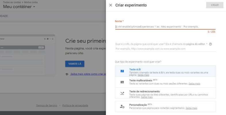 Criar experimento no Google Optimize