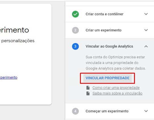 Vinculação Google Optimize com Analytics