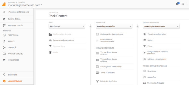 Painel de administrador do Google Analytics