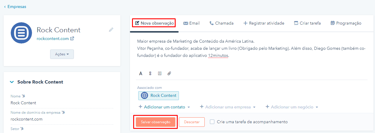Perfil da empresa na Hubspot