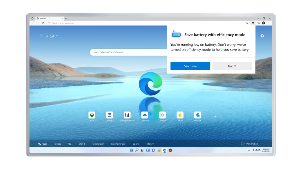 Tela do navegador Microsoft Edge com recurso de modo de eficiência de bateria