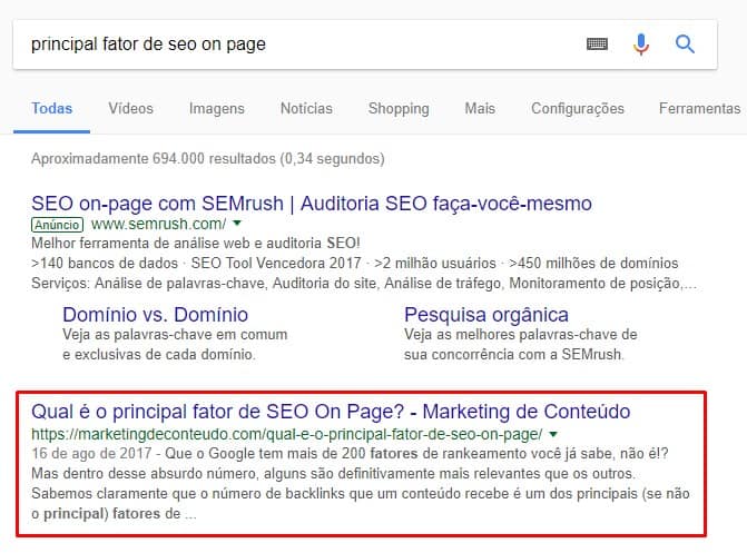 SERP para a busca "principal fator de seo on page"