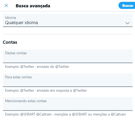 busca avançada de idioma e contas